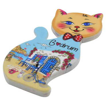 Bodrum Themed Customised UV Printed Plastic Base Cat Shaped Fridge Magnet 43x87 mm - Thumbnail