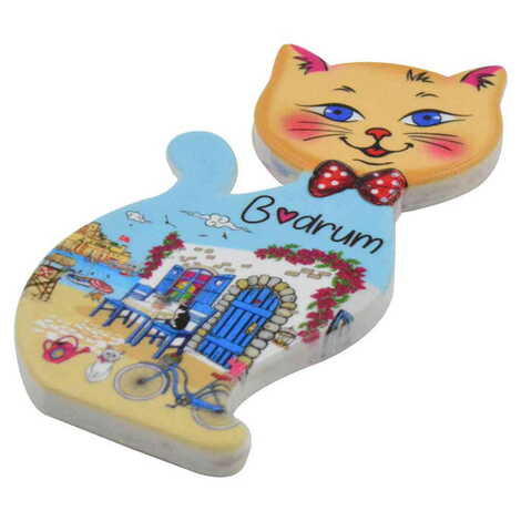 Bodrum Themed Customised UV Printed Plastic Base Cat Shaped Fridge Magnet 43x87 mm - 2
