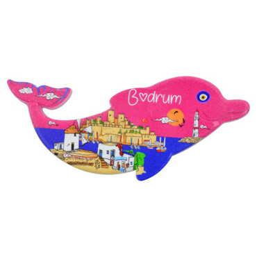 Myros - Bodrum Themed Customised UV Printed Plastic Base Dolphin Shaped Fridge Magnet 110x50 mm