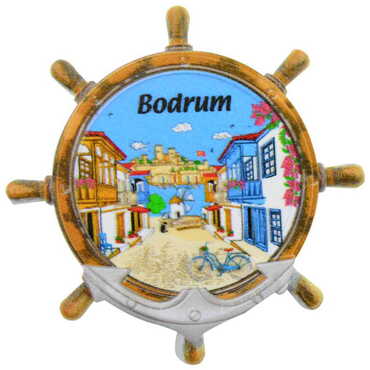 Myros - Bodrum Themed Customised UV Printed Plastic Base Marin Rudder Shaped Fridge Magnet 82x82 mm