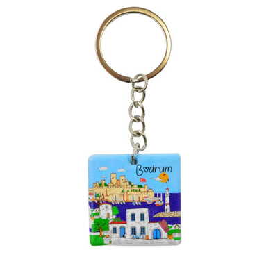 Bodrum Themed Customised Uv Printed Plastic Base Round Keyring 40x108 mm - Thumbnail