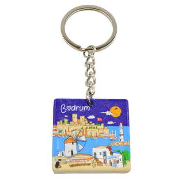 Bodrum Themed Customised Uv Printed Plastic Base Round Keyring 40x108 mm - Thumbnail