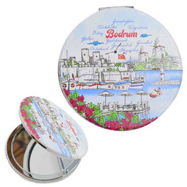 Myros - Bodrum Themed Customised Uv Printed Round Compact Mirror 72x11 mm