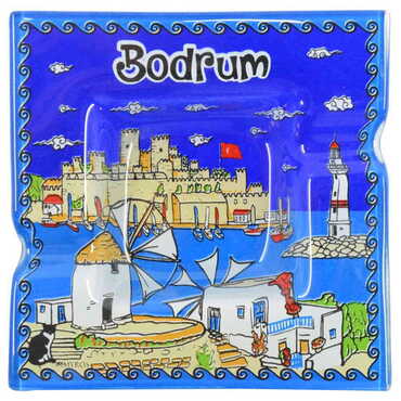 Bodrum Themed Decorated Glass Ashtray 100X100 Mm - Thumbnail