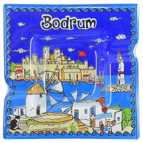 Bodrum Themed Decorated Glass Ashtray 100X100 Mm