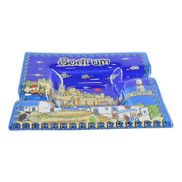 Bodrum Themed Decorated Glass Ashtray 100X100 Mm - Thumbnail