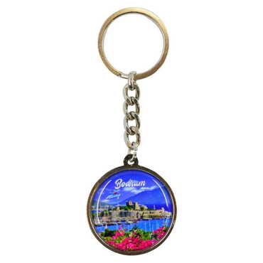 Bodrum Themed Metal Double Face Round Keychain 40x95 mm - Thumbnail