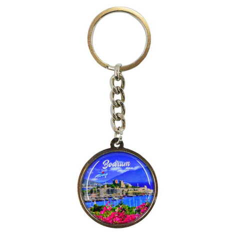 Bodrum Themed Metal Double Face Round Keychain 40x95 mm