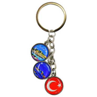 Bodrum Themed Metal Keychain With 3 Charms - Mixed 40x90 mm - Thumbnail