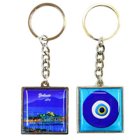 Bodrum Themed Metal Square Shaped Double Face Keychain 36x95 mm