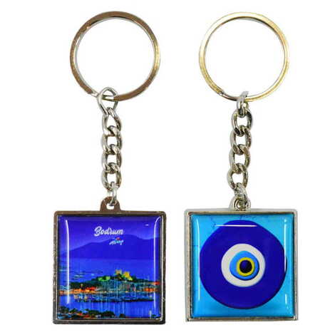 Bodrum Themed Metal Square Shaped Double Face Keychain 36x95 mm - 3
