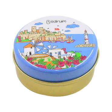 Bodrum Themed Round Tin Gift Box 73x35 mm - Thumbnail