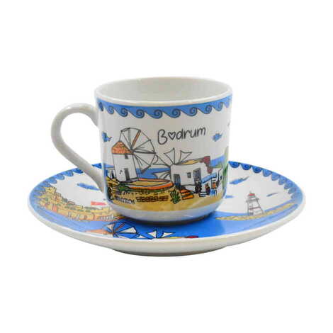 Bodrum Themed Turkish Ceramic Custom Printed Turkish Coffee Cup Set of 2 pcs