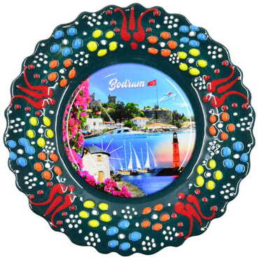 Bodrum Themed Turkish Ceramic Plate With Epoxy 18 Cm - Thumbnail