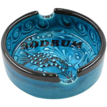 Bodrum Themed Turkish Ceramic Turquoise Ashtray Big Size - Thumbnail