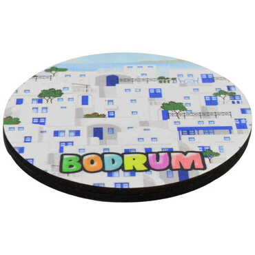 Bodrum Themed Wooden Custom Printed Souvenir Coaster 100 mm - Thumbnail