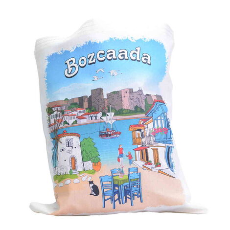 Toptan Bozcaada Temalı Dijital Baskılı Ham Bez Çanta 35x40 cm