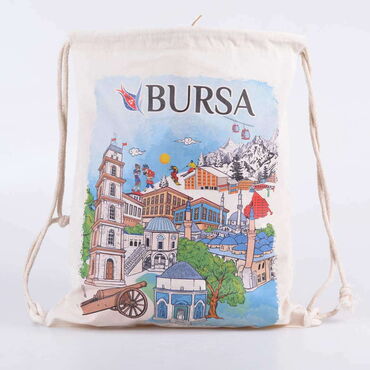 Myros - Toptan Bursa Temalı Dijital Baskılı Ham Bez Sırt Çantası 33x43 cm