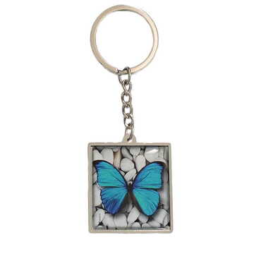 Butterfly Themed Metal Square Shaped Double Face Keychain 36x95 mm - Myros