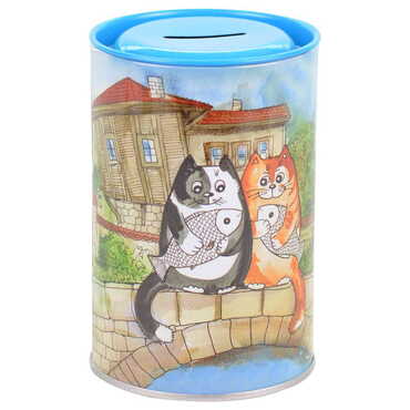 Cat Themed Customised Kids Tin Round Coin Box 83x83x125 mm - Thumbnail