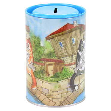 Cat Themed Customised Kids Tin Round Coin Box 83x83x125 mm - Thumbnail