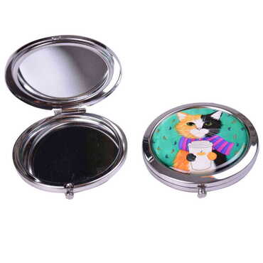 Cat Themed Customised Metal Epoxy Travel Make Up Compact Mirror 70x11 mm - Thumbnail