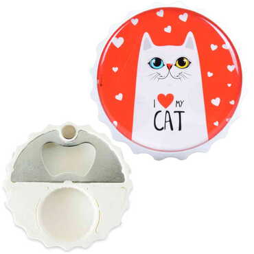 Myros - Cat Themed Round Cap Shaped Magnetic Bottle Opener 63x15 mm