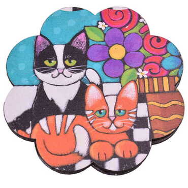 Cat Themed Wooden Customised Souvenir Coaster Set of 4 pcs 90 mm - Myros