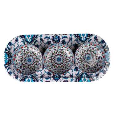 Ceramic Themed Metal Oval Tray with Three Bowl Set - 5