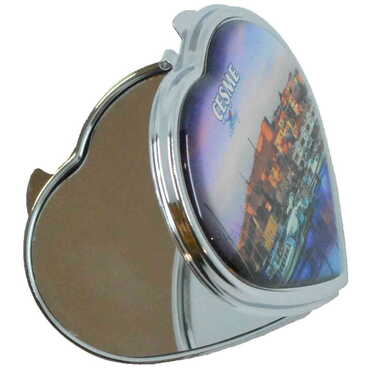 Cesme Themed Customised Metal Epoxy Travel Make Up Compact Heart Shaped Mirror 70x65x8 mm - Thumbnail