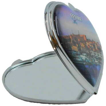 Cesme Themed Customised Metal Epoxy Travel Make Up Compact Heart Shaped Mirror 70x65x8 mm - Thumbnail