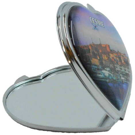 Cesme Themed Customised Metal Epoxy Travel Make Up Compact Heart Shaped Mirror 70x65x8 mm