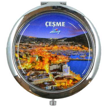 Myros - Cesme Themed Customised Metal Epoxy Travel Make Up Compact Mirror 70x11 mm