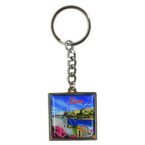 Cesme Themed Metal Square Shaped Double Face Keychain 36x95 mm