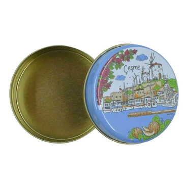 Cesme Themed Round Tin Gift Box 73x35 mm - Thumbnail