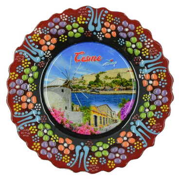 Cesme Themed Turkish Ceramic Plate With Epoxy 12 Cm - Thumbnail