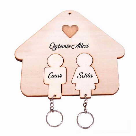 Çiftlere Özel Ahşap Ev Şeklinde Anahtarlık ve Askısı