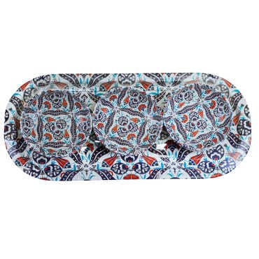 Ceramic Themed Metal Oval Tray with Three Bowl Set