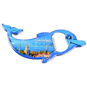 City Themed Dolphin Shaped Metal Magnetic Bottle Opener 102x67 mm - Thumbnail