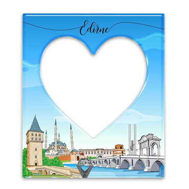 City Themed Epoxy Dome Souvenir Magnetic Heart Shaped Photo Frame 95x110 mm - Thumbnail