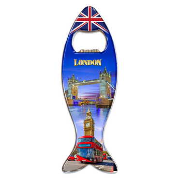 City Themed Fish Shaped Metal Magnetic Bottle Opener 120x43 mm - Thumbnail