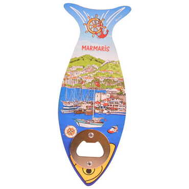 Myros - City Themed Fish Shaped Printed MDF Wooden Bottle Opener 190x70 mm