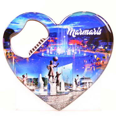 City Themed Heart Shaped Metal Magnetic Bottle Opener 85x76 mm - Thumbnail