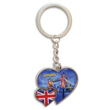 City Themed Metal Double Heart Shaped Keychain 40x94 mm - Thumbnail