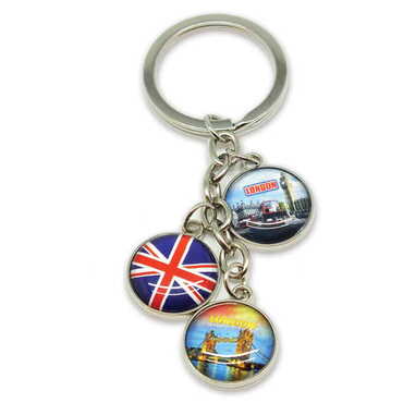 City Themed Metal Keychain With 3 Charms - Round 40x90 mm - Thumbnail