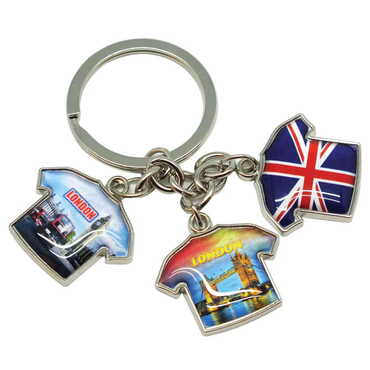 City Themed Metal Keychain With 3 Charms - T-Shirt 40x95 mm - Thumbnail