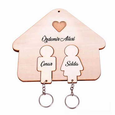 Couple Themed Wooden Keychaing and Keychain Hanger - Thumbnail