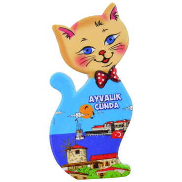 Myros - Cunda Themed Customised UV Printed Plastic Base Cat Shaped Fridge Magnet 43x87 mm