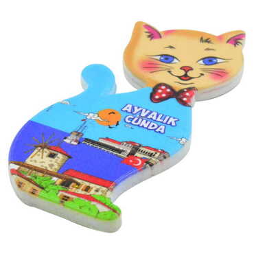 Cunda Themed Customised UV Printed Plastic Base Cat Shaped Fridge Magnet 43x87 mm - Thumbnail