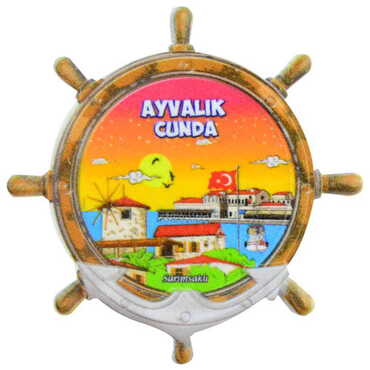 Myros - Cunda Themed Customised UV Printed Plastic Base Marin Rudder Shaped Fridge Magnet 82x82 mm